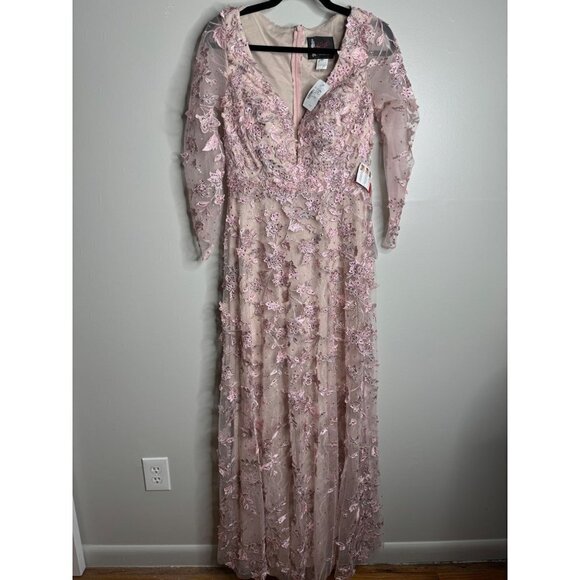 Mac Duggal 67483 Rose Pink Floral Applique Long Sleeve Illusion Gown Size 8 NWT - Picture 4 of 12